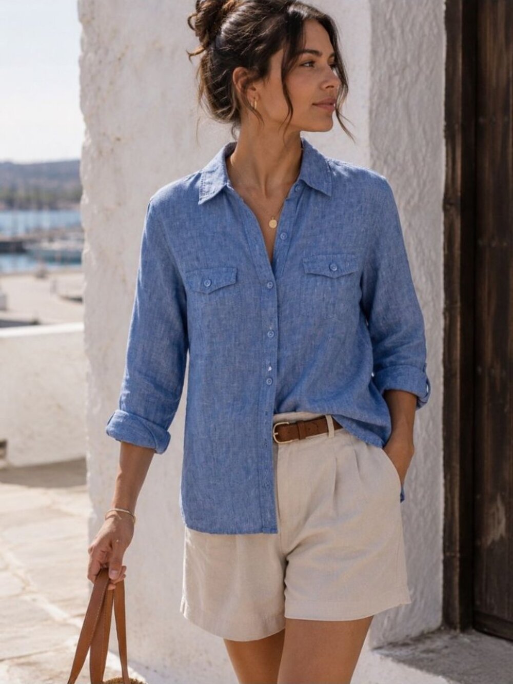 Olsen Europe Linen Button-Up Shirt Blue Small Coastal Casual Summer Butter Mom
